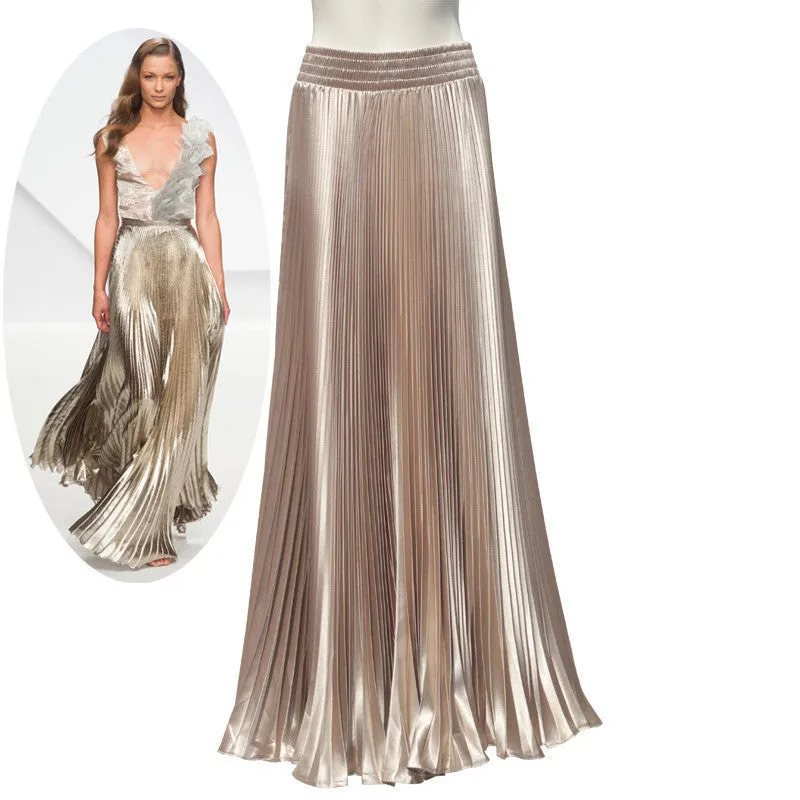Elegant Metal Gloss Elastic Waist Pleated Smooth Bright Satin Ladies Maxi Long Tulle Women's Skirts