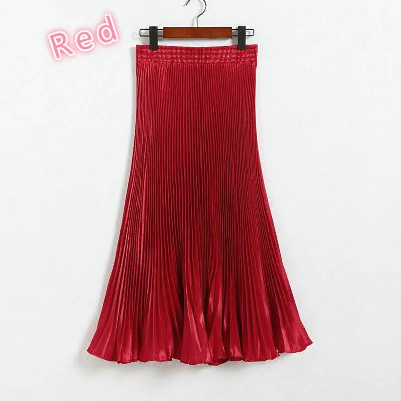 Elegant Metal Gloss Elastic Waist Pleated Smooth Bright Satin Ladies Maxi Long Tulle Women's Skirts