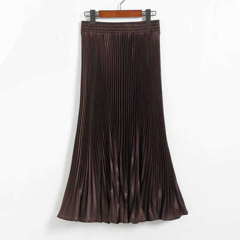 Elegant Metal Gloss Elastic Waist Pleated Smooth Bright Satin Ladies Maxi Long Tulle Women's Skirts