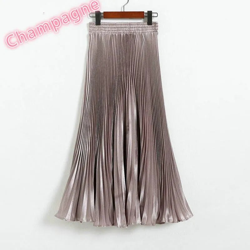 Elegant Metal Gloss Elastic Waist Pleated Smooth Bright Satin Ladies Maxi Long Tulle Women's Skirts
