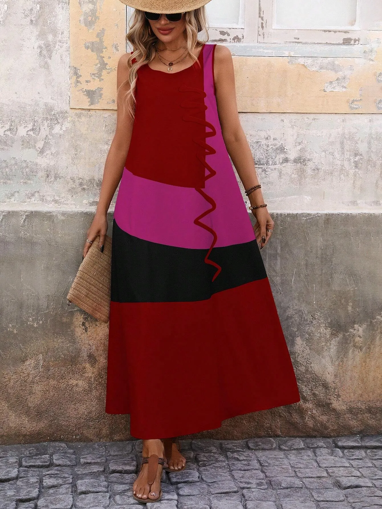 EMERY ROSE Women's Summer Colorblock Round Neck Sleeveless Maxi Casual Shift Dress