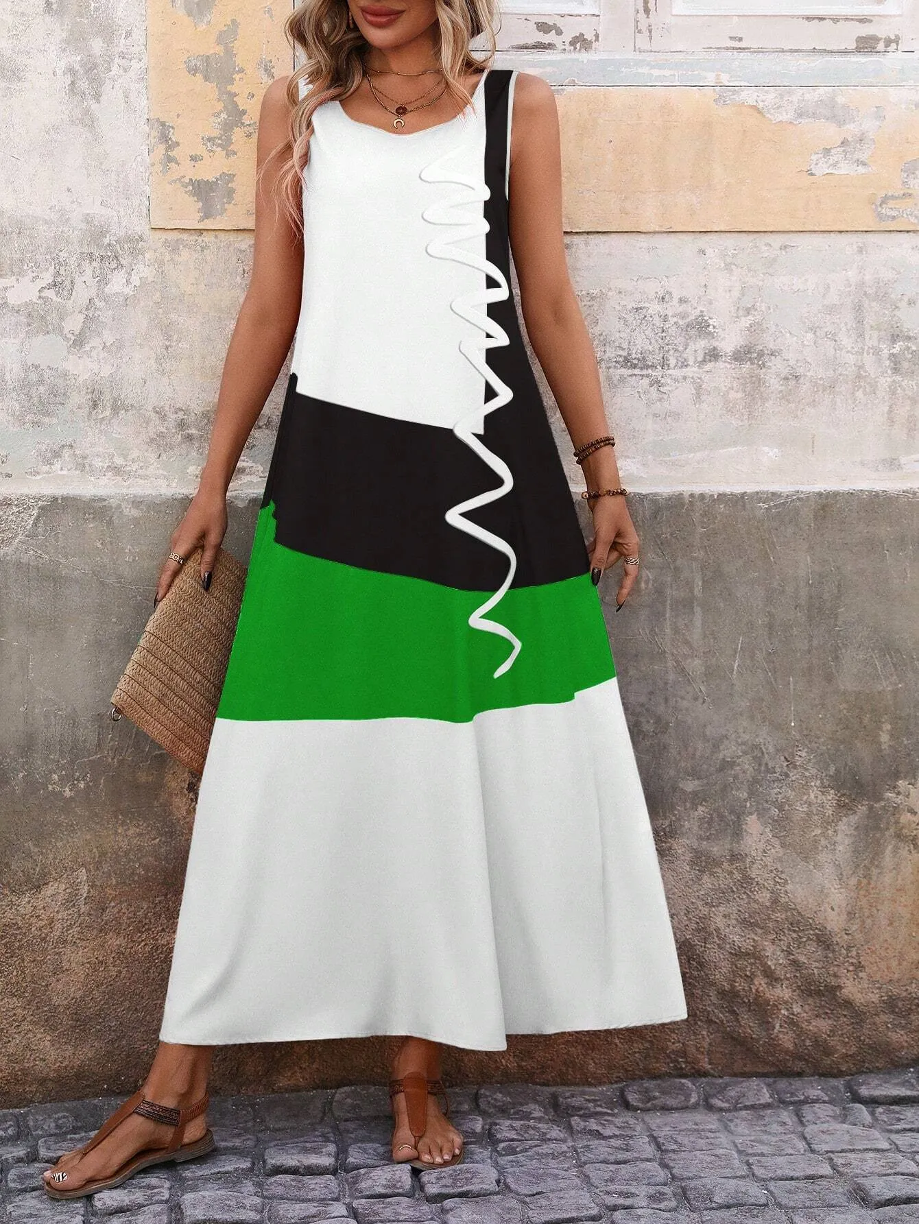 EMERY ROSE Women's Summer Colorblock Round Neck Sleeveless Maxi Casual Shift Dress