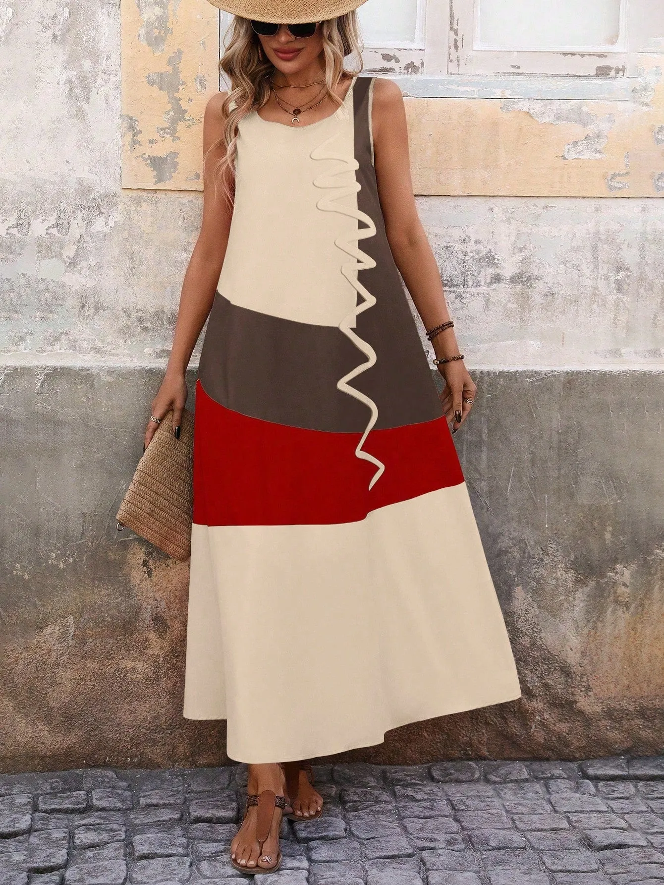 EMERY ROSE Women's Summer Colorblock Round Neck Sleeveless Maxi Casual Shift Dress