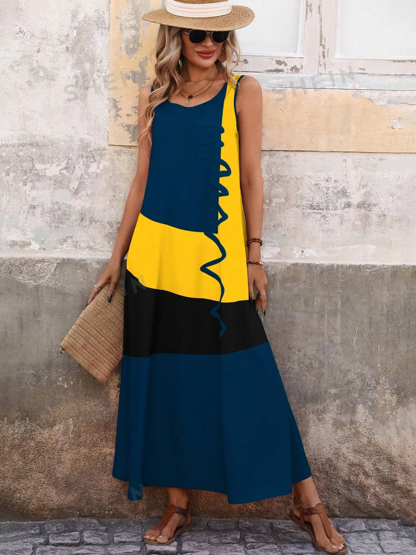 EMERY ROSE Women's Summer Colorblock Round Neck Sleeveless Maxi Casual Shift Dress