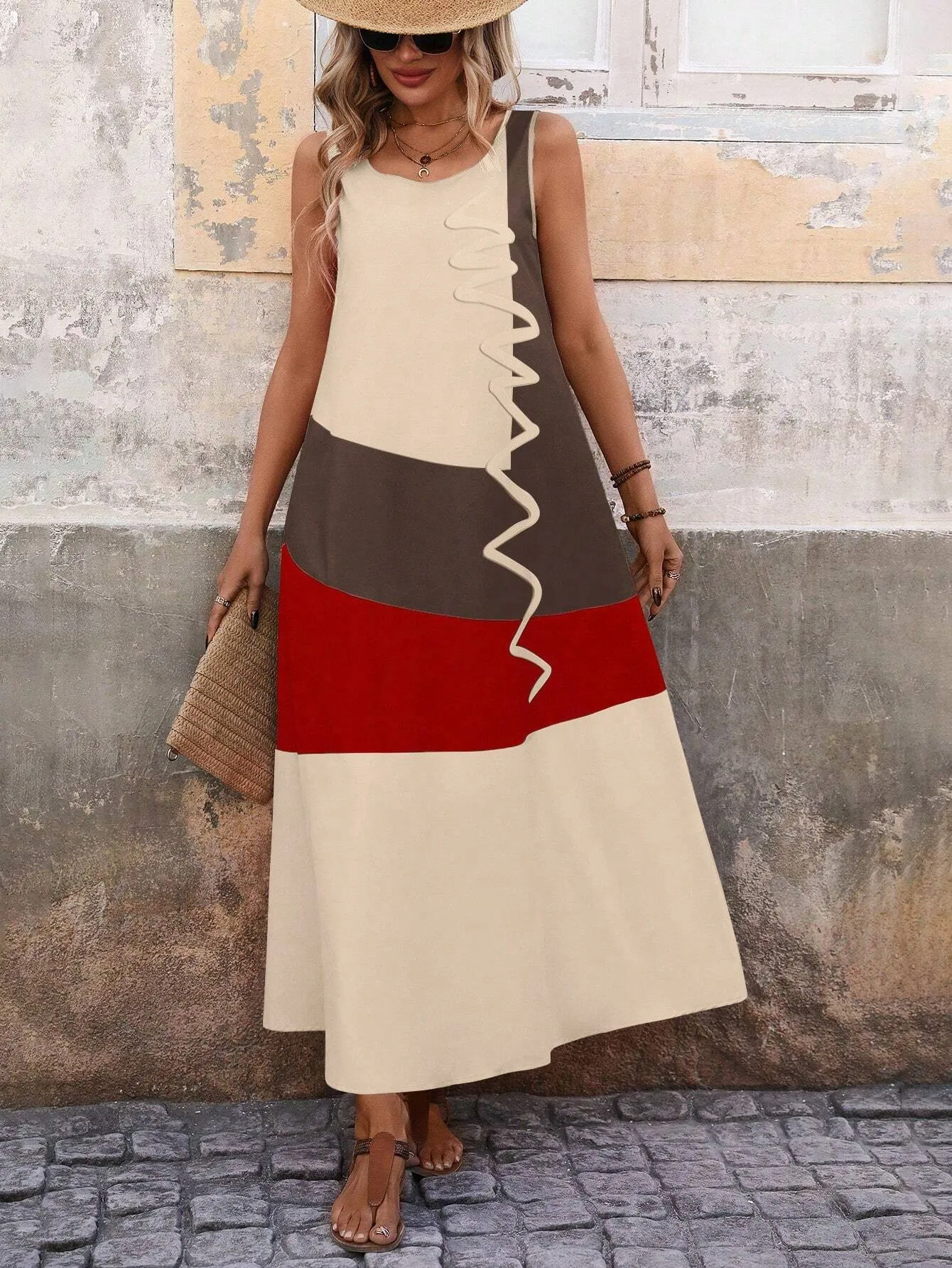 EMERY ROSE Women's Summer Colorblock Round Neck Sleeveless Maxi Casual Shift Dress