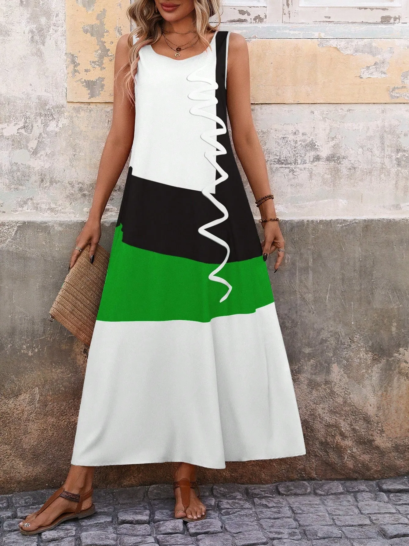 EMERY ROSE Women's Summer Colorblock Round Neck Sleeveless Maxi Casual Shift Dress