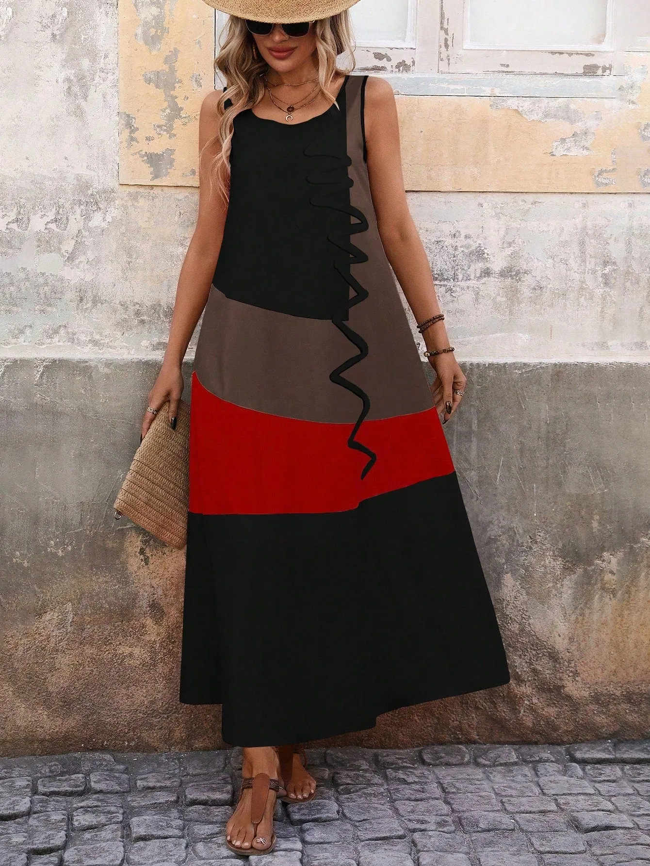 EMERY ROSE Women's Summer Colorblock Round Neck Sleeveless Maxi Casual Shift Dress