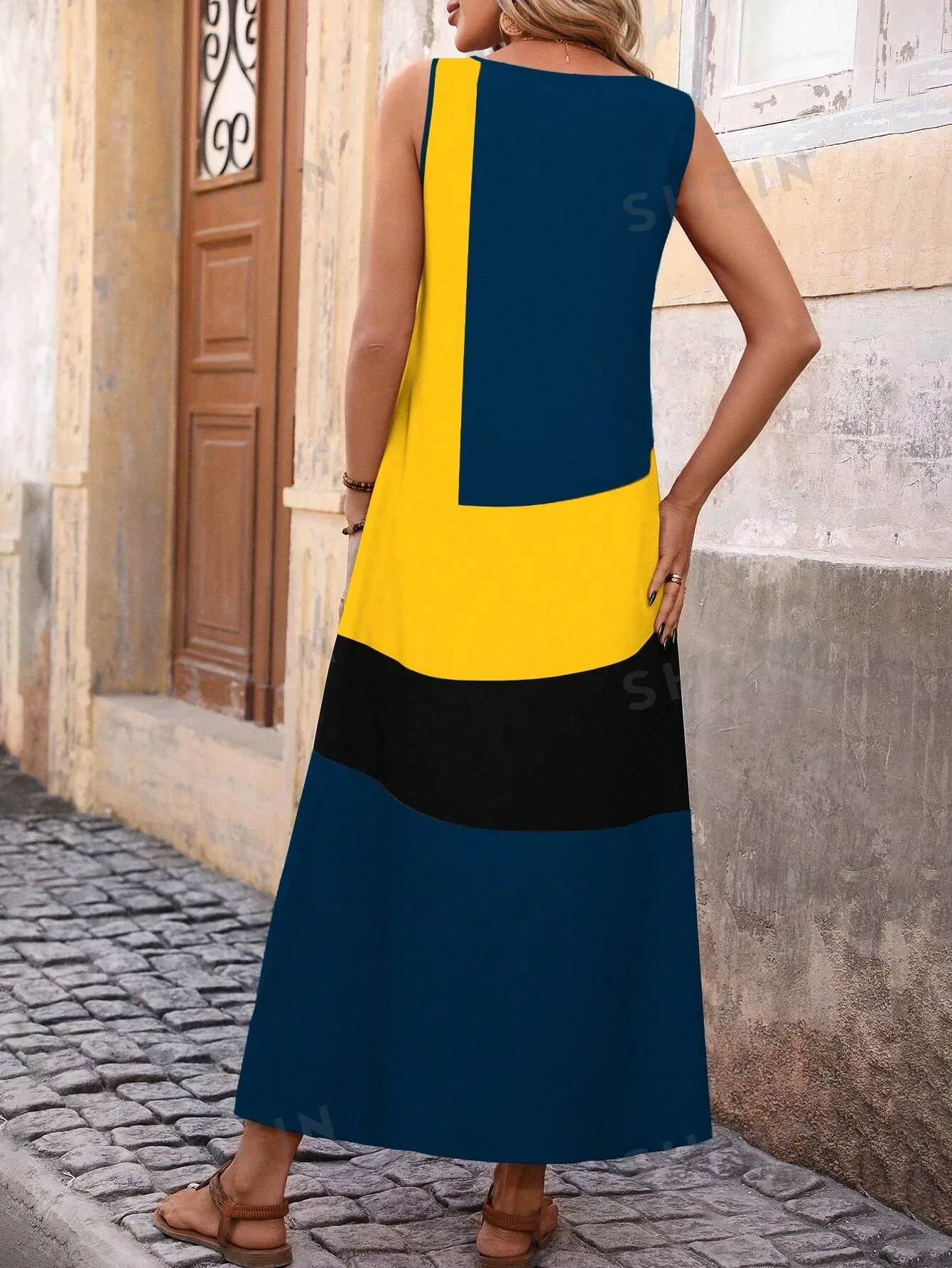 EMERY ROSE Women's Summer Colorblock Round Neck Sleeveless Maxi Casual Shift Dress