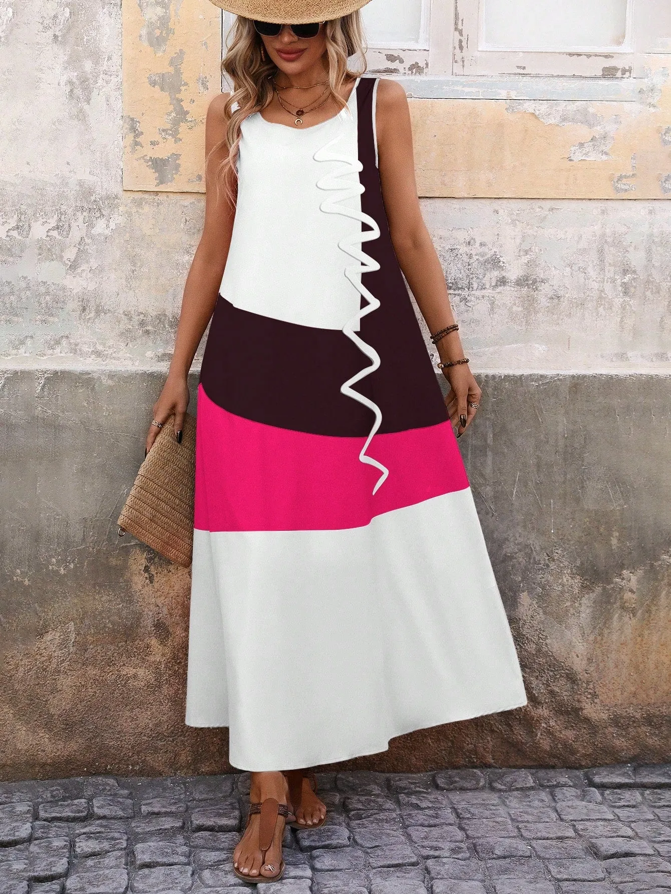 EMERY ROSE Women's Summer Colorblock Round Neck Sleeveless Maxi Casual Shift Dress