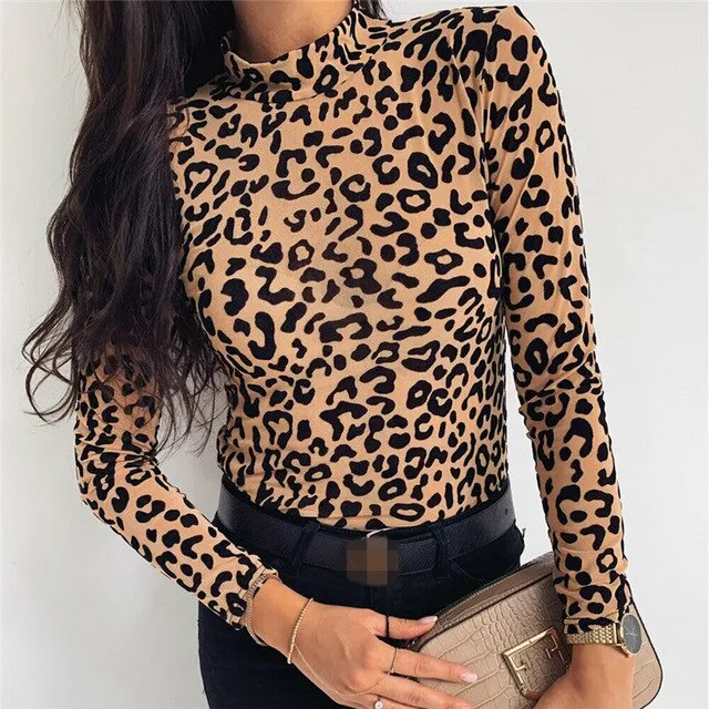 Fashion Leopard Print Turtle Neck Blouse