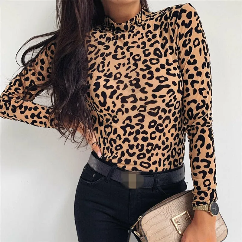 Fashion Leopard Print Turtle Neck Blouse