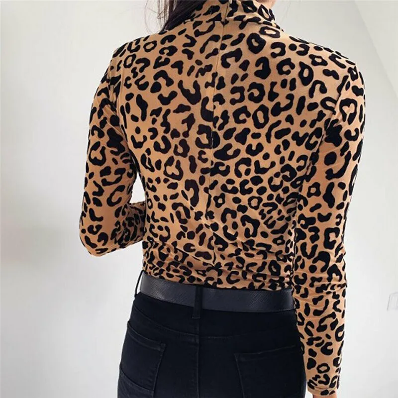 Fashion Leopard Print Turtle Neck Blouse