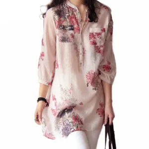 Fashion Women Blouses Linen Blouse Casual Floral Print Long Blouse Tops Shirt Plus Size 5XL