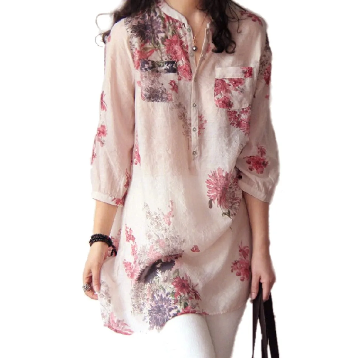 Fashion Women Blouses Linen Blouse Casual Floral Print Long Blouse Tops Shirt Plus Size 5XL