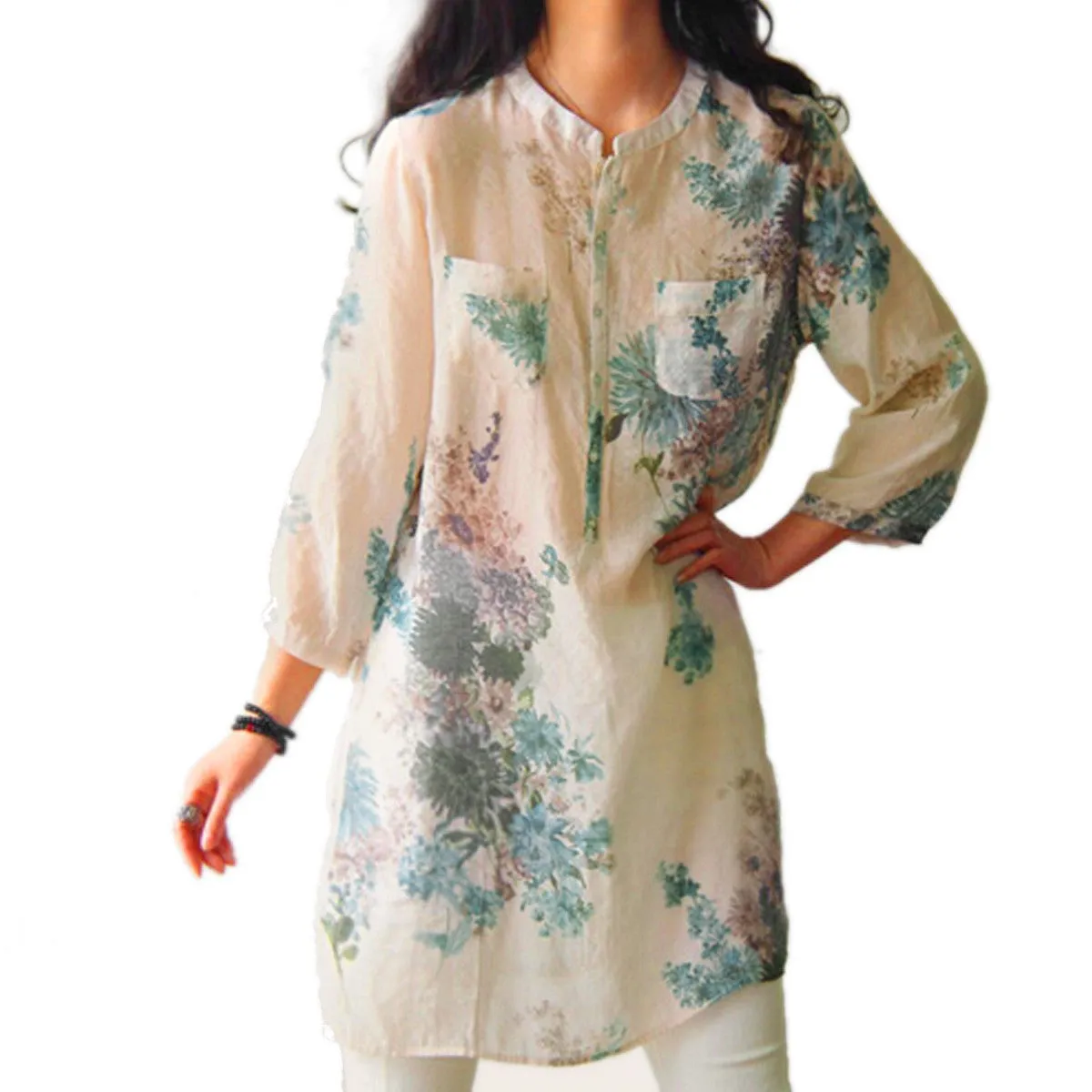 Fashion Women Blouses Linen Blouse Casual Floral Print Long Blouse Tops Shirt Plus Size 5XL