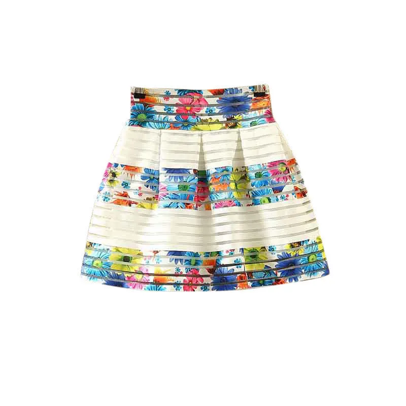 Fashion Women Flower Printed High Waisted Tutu Pleated Skirts Zipper Midi Elastic Skirt