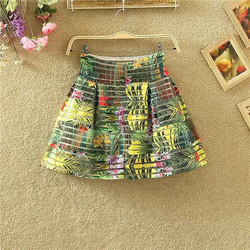 Fashion Women Flower Printed High Waisted Tutu Pleated Skirts Zipper Midi Elastic Skirt
