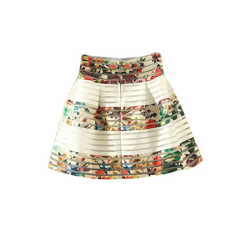 Fashion Women Flower Printed High Waisted Tutu Pleated Skirts Zipper Midi Elastic Skirt