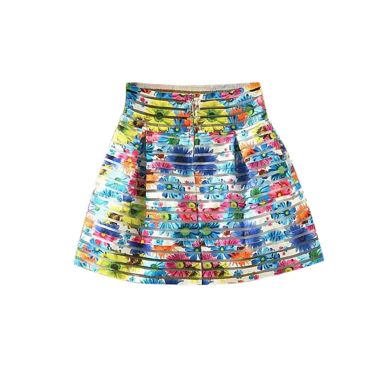 Fashion Women Flower Printed High Waisted Tutu Pleated Skirts Zipper Midi Elastic Skirt