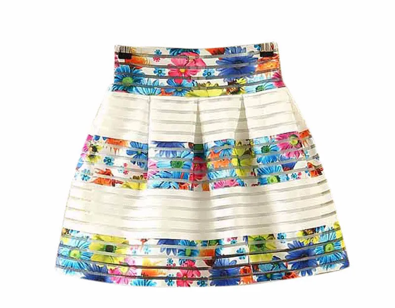 Fashion Women Flower Printed High Waisted Tutu Pleated Skirts Zipper Midi Elastic Skirt
