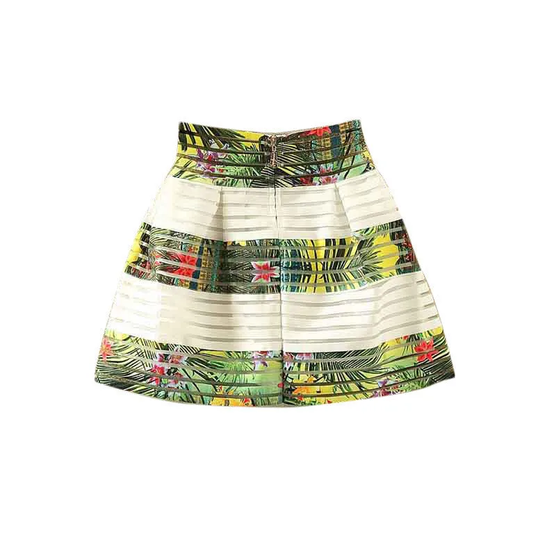 Fashion Women Flower Printed High Waisted Tutu Pleated Skirts Zipper Midi Elastic Skirt