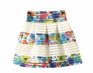 Fashion Women Flower Printed High Waisted Tutu Pleated Skirts Zipper Midi Elastic Skirt