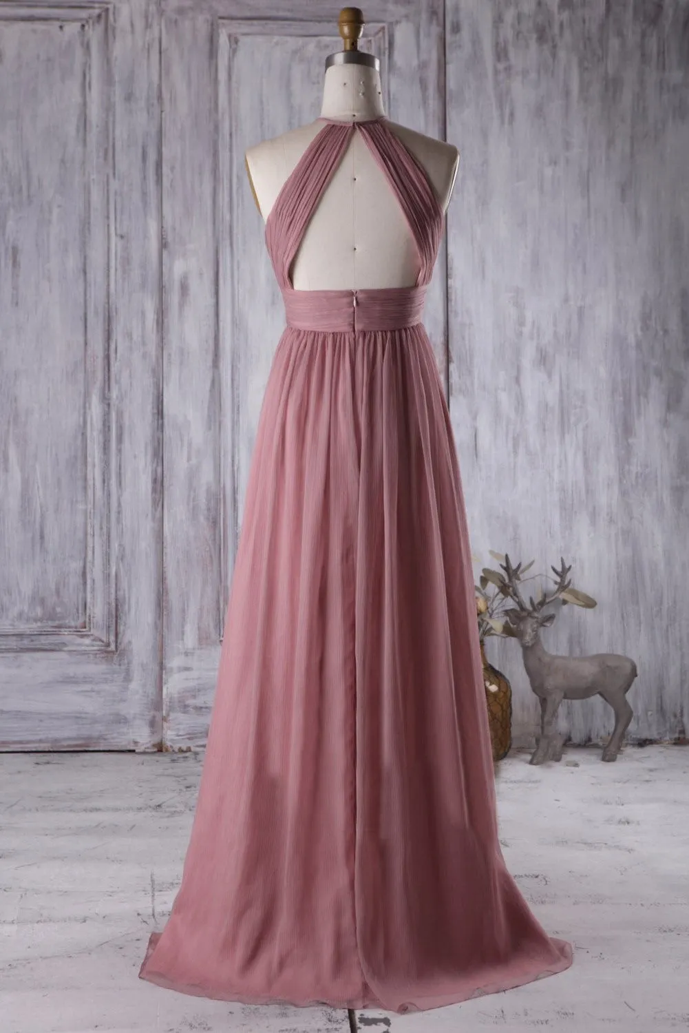 Feminine Desert Rose Bridesmaid Dress with Ruching Halter Neckline