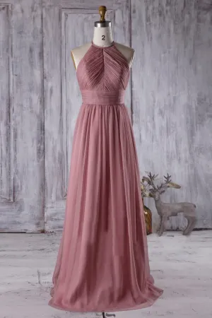 Feminine Desert Rose Bridesmaid Dress with Ruching Halter Neckline