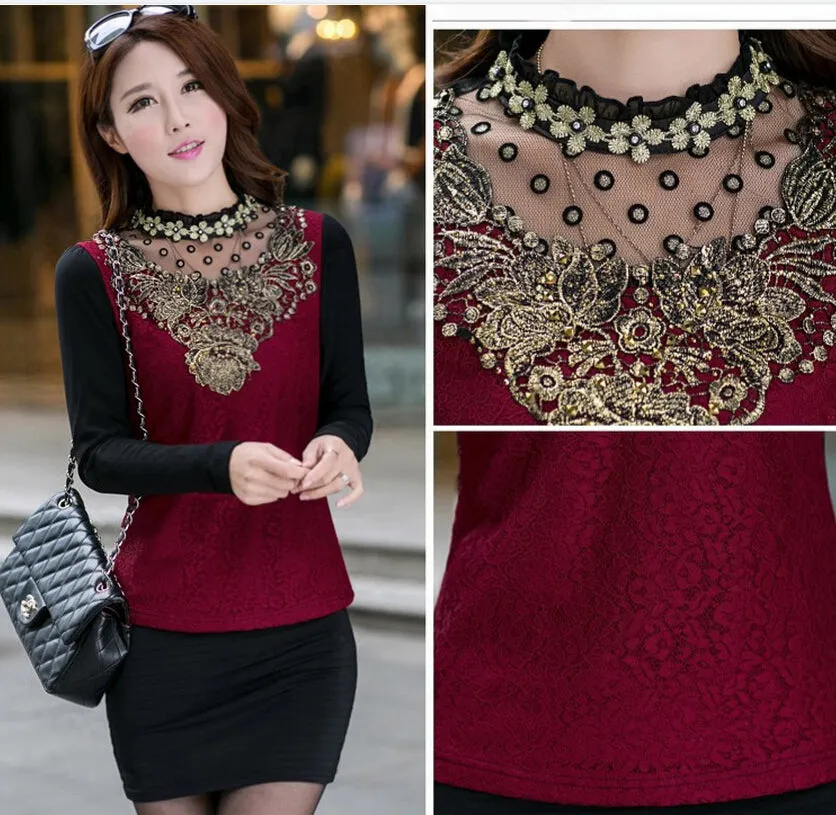 Floral Cotton Long Sleeve Chiffon Lace Blouse