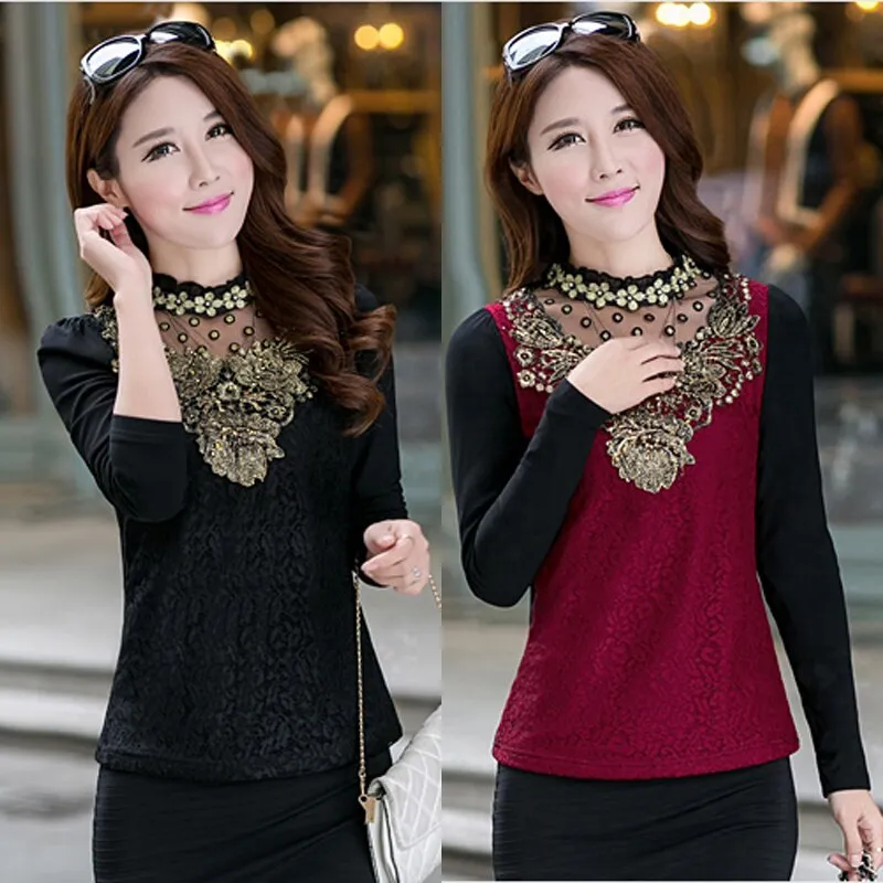 Floral Cotton Long Sleeve Chiffon Lace Blouse
