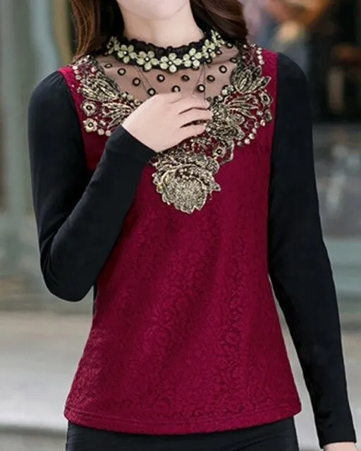 Floral Cotton Long Sleeve Chiffon Lace Blouse