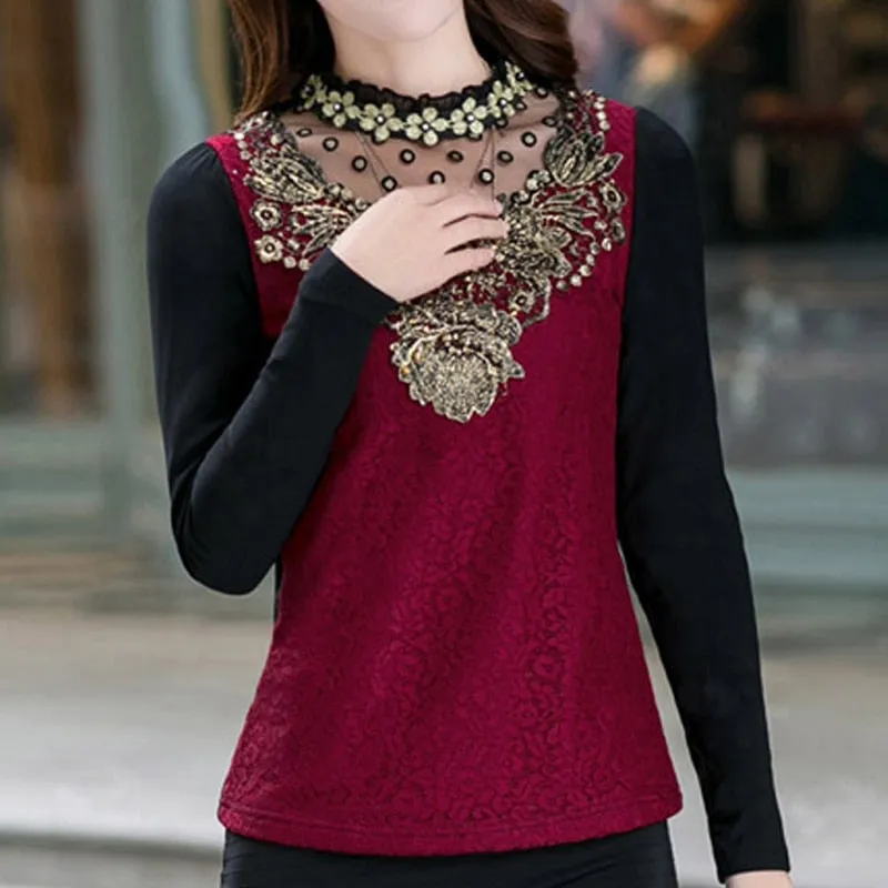 Floral Cotton Long Sleeve Chiffon Lace Blouse
