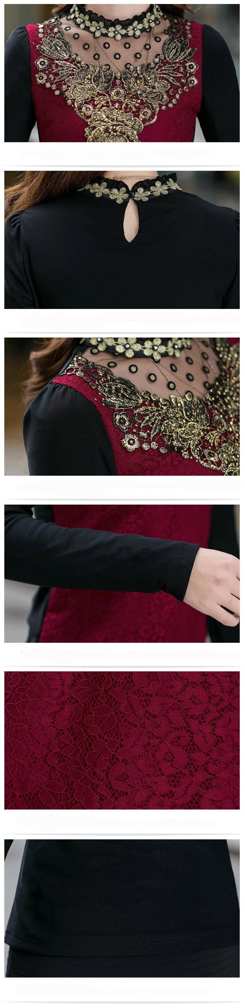 Floral Cotton Long Sleeve Chiffon Lace Blouse