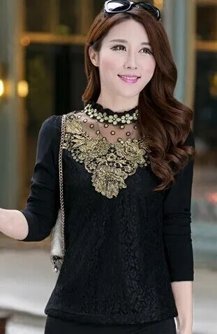 Floral Cotton Long Sleeve Chiffon Lace Blouse