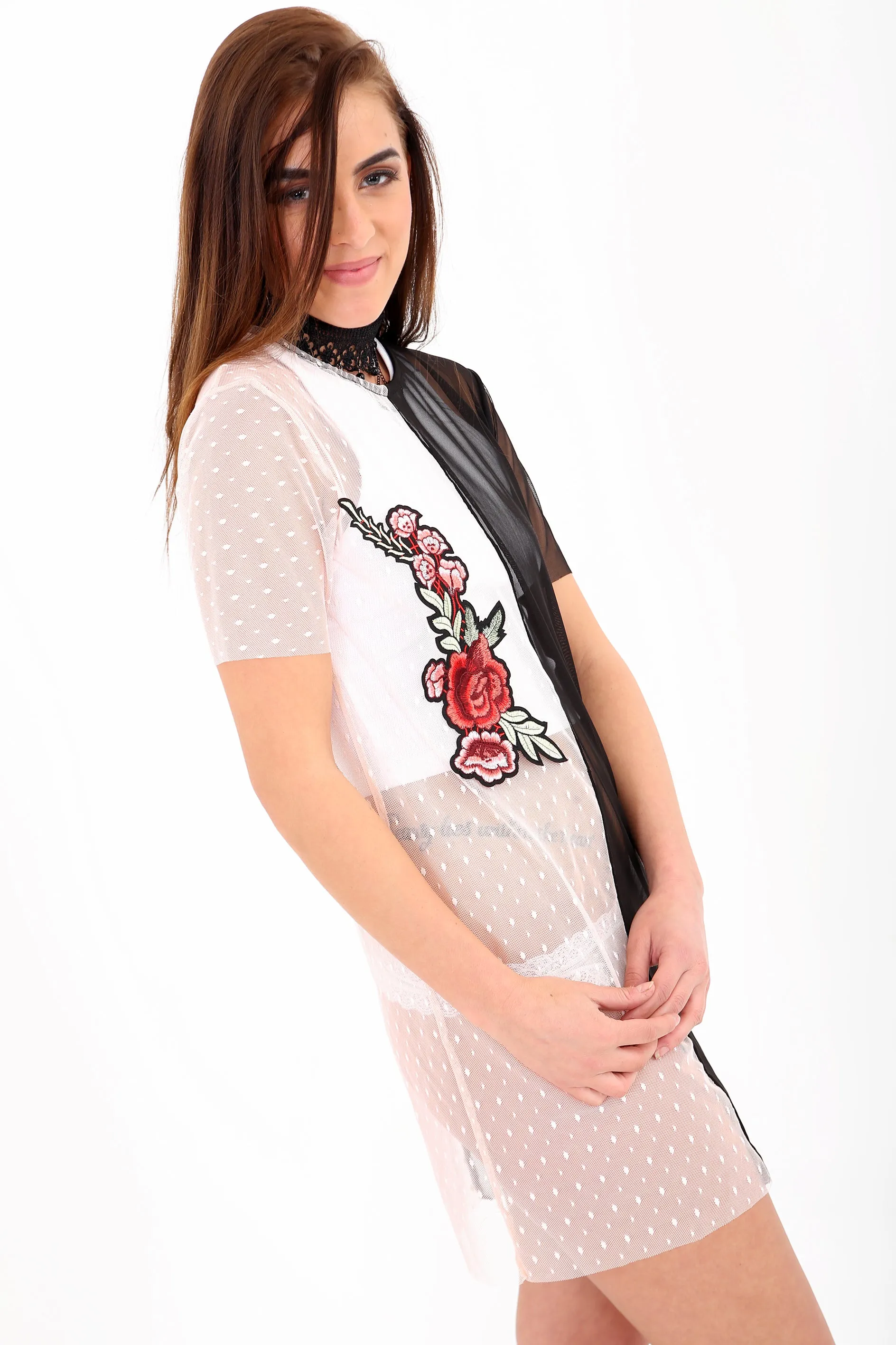 Floral Embroidered Contrast Mesh T-Shirt Dress