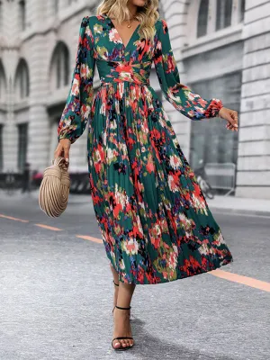 Floral Print Maxi Dress with High Slit and Pleated Skirt