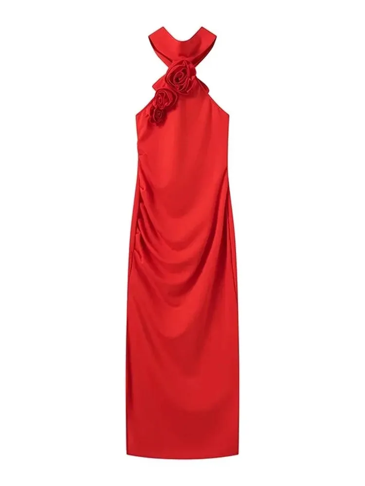 Flower Hanging Neck Maxi Dresses