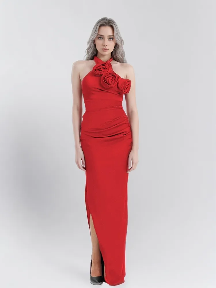 Flower Hanging Neck Maxi Dresses