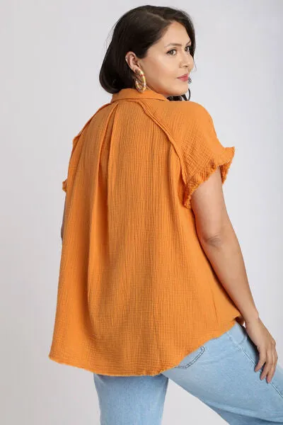 Frayed Hem Collared Neck Short Sleeve Shirt