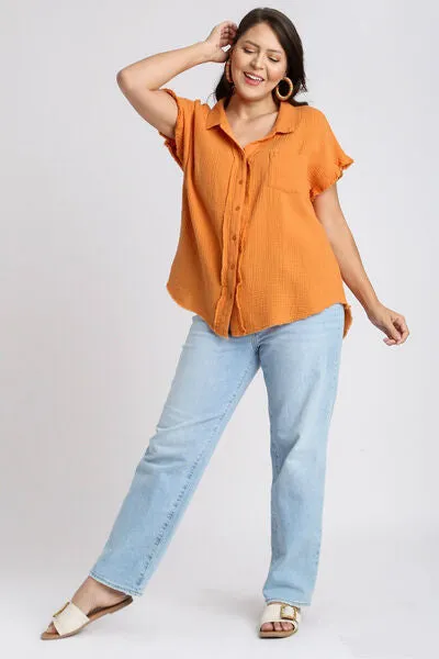 Frayed Hem Collared Neck Short Sleeve Shirt