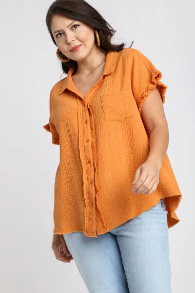 Frayed Hem Collared Neck Short Sleeve Shirt