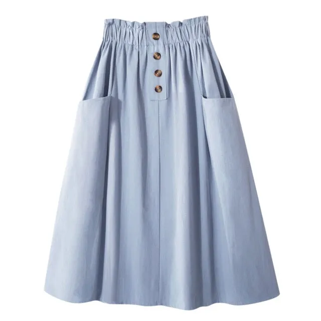 FREE OSTRICH Women Skirt College Style Solid Color High Waist Double Pocket Button Dignified Fashion Summer Short Skirt Under It