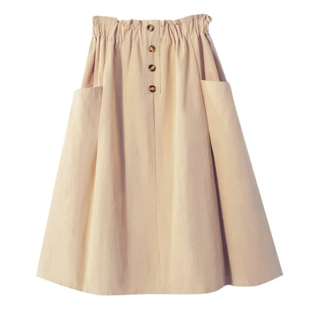 FREE OSTRICH Women Skirt College Style Solid Color High Waist Double Pocket Button Dignified Fashion Summer Short Skirt Under It