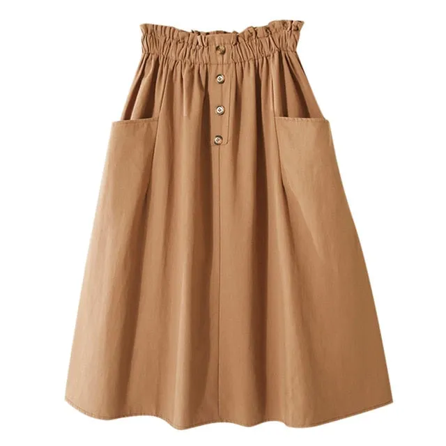 FREE OSTRICH Women Skirt College Style Solid Color High Waist Double Pocket Button Dignified Fashion Summer Short Skirt Under It