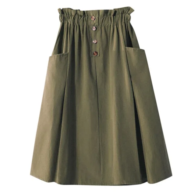 FREE OSTRICH Women Skirt College Style Solid Color High Waist Double Pocket Button Dignified Fashion Summer Short Skirt Under It