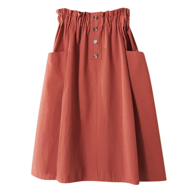 FREE OSTRICH Women Skirt College Style Solid Color High Waist Double Pocket Button Dignified Fashion Summer Short Skirt Under It