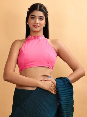 Fuchsia Pink Halter Neck Embroidered Blouse