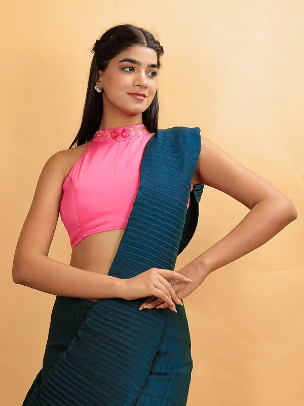 Fuchsia Pink Halter Neck Embroidered Blouse