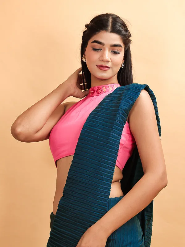 Fuchsia Pink Halter Neck Embroidered Blouse