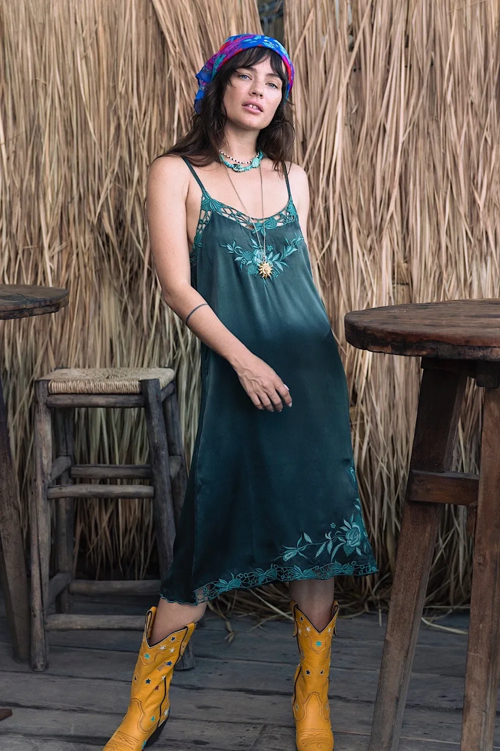 Georgia Rain Silk Slip Dress - Forest